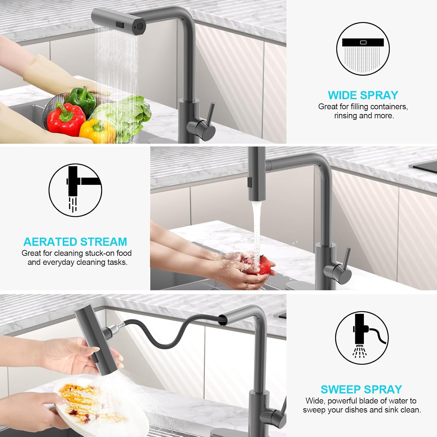 Single Handle Commercial Utility Stainless Steel Pull Sprayer 3 Functions 360 Degree Rotate Deck Mounted Black Kitchen Faucet