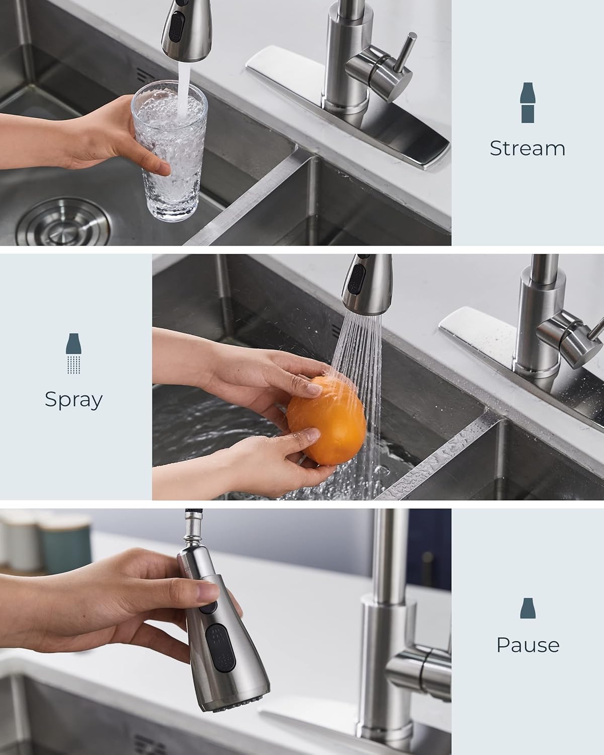 Best Modern Water Saving CUPC ORB 304 Stainless Steel Pull Out Kitchen Mixer Faucet With Pause Mode Control 3 Function Sprayer
