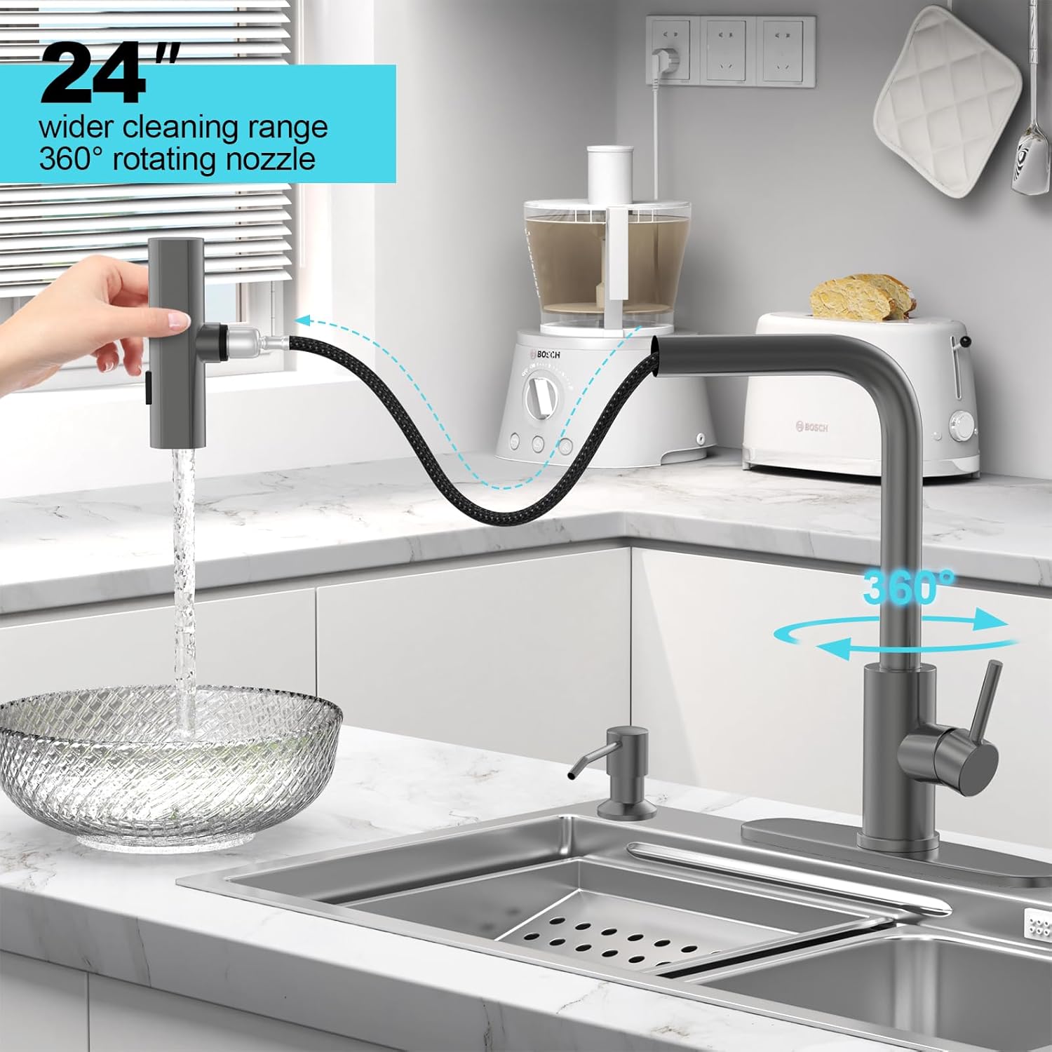 Single Handle Commercial Utility Stainless Steel Pull Sprayer 3 Functions 360 Degree Rotate Deck Mounted Black Kitchen Faucet