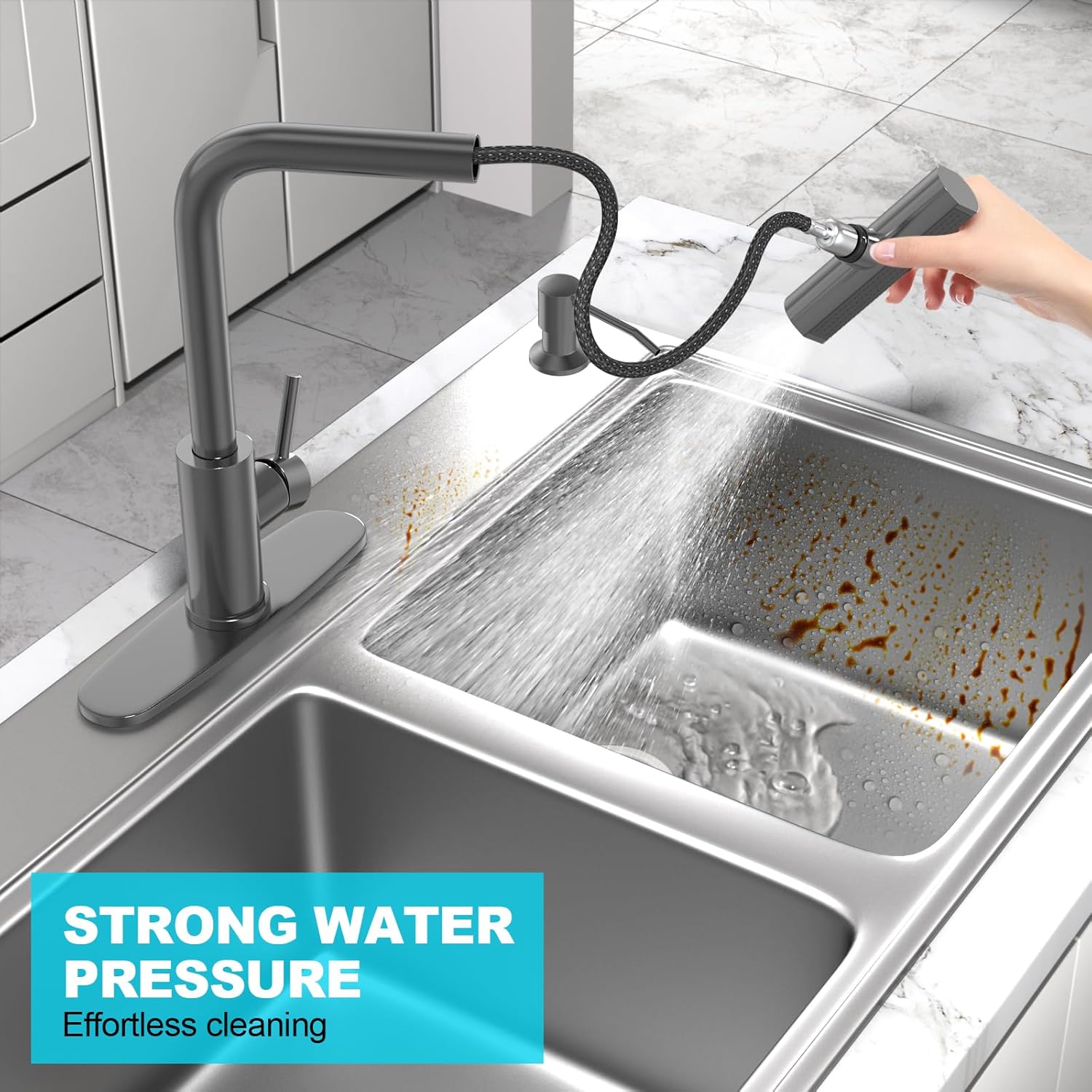 Single Handle Commercial Utility Stainless Steel Pull Sprayer 3 Functions 360 Degree Rotate Deck Mounted Black Kitchen Faucet