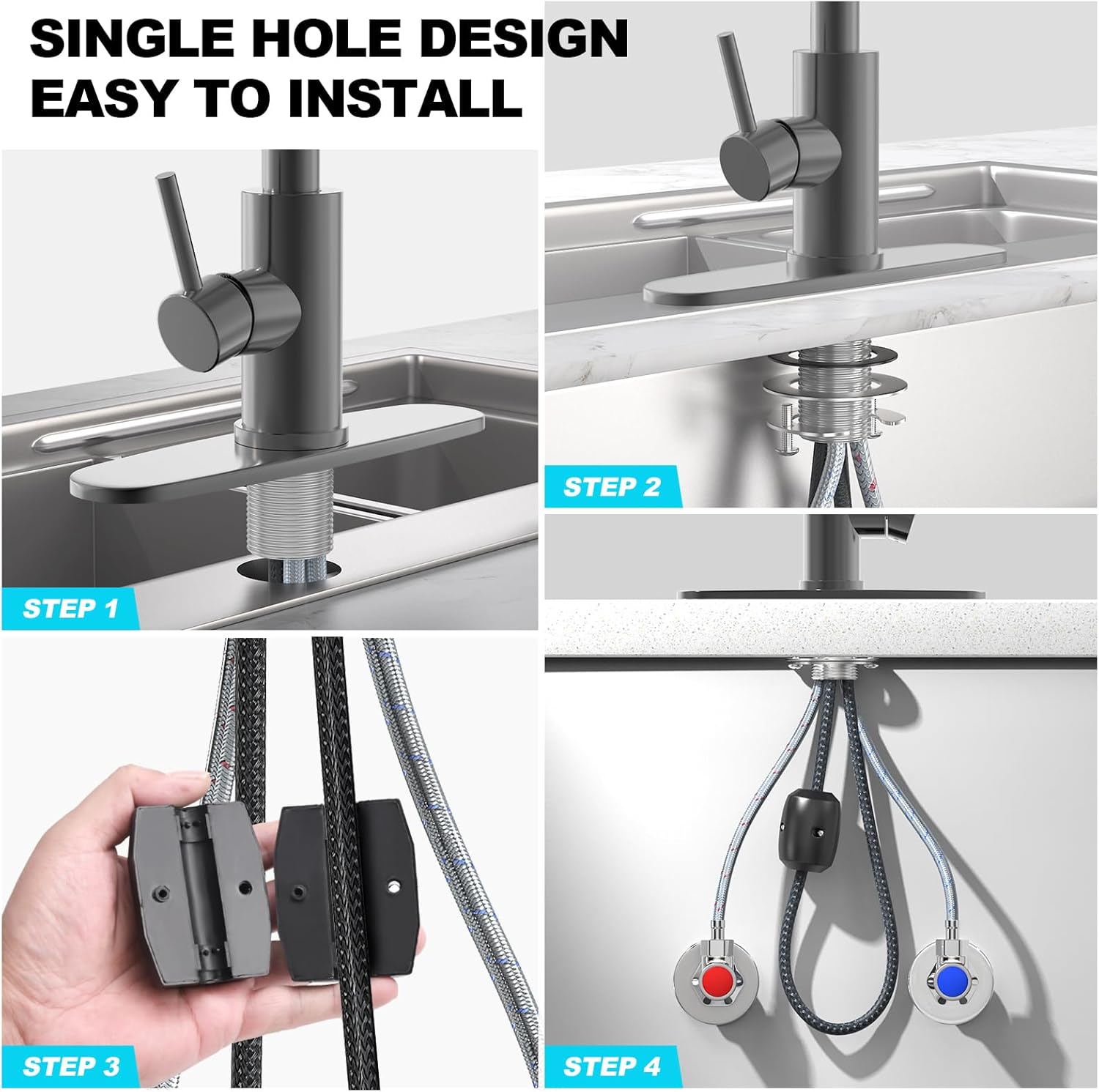 Single Handle Commercial Utility Stainless Steel Pull Sprayer 3 Functions 360 Degree Rotate Deck Mounted Black Kitchen Faucet
