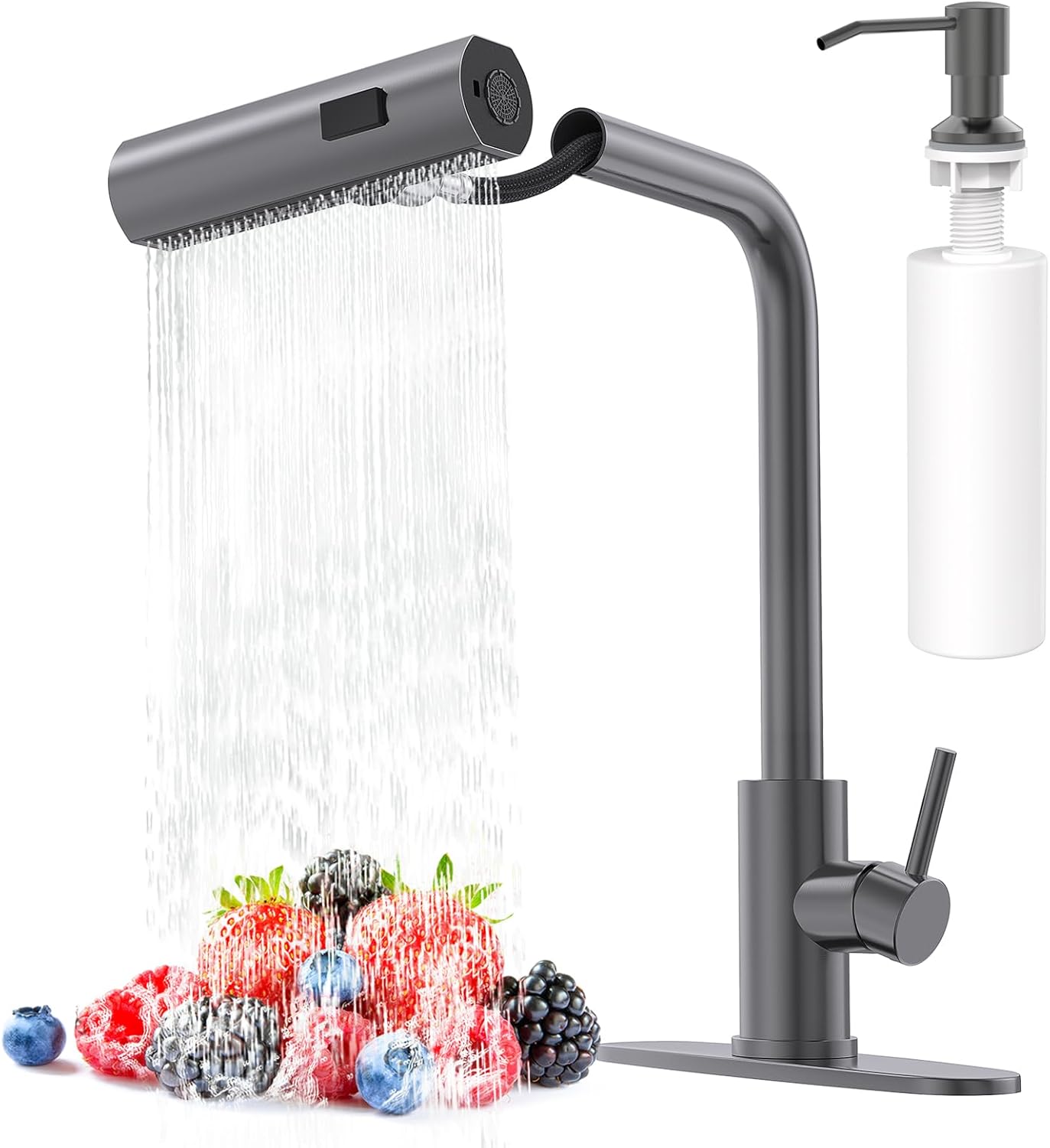 Single Handle Commercial Utility Stainless Steel Pull Sprayer 3 Functions 360 Degree Rotate Deck Mounted Black Kitchen Faucet