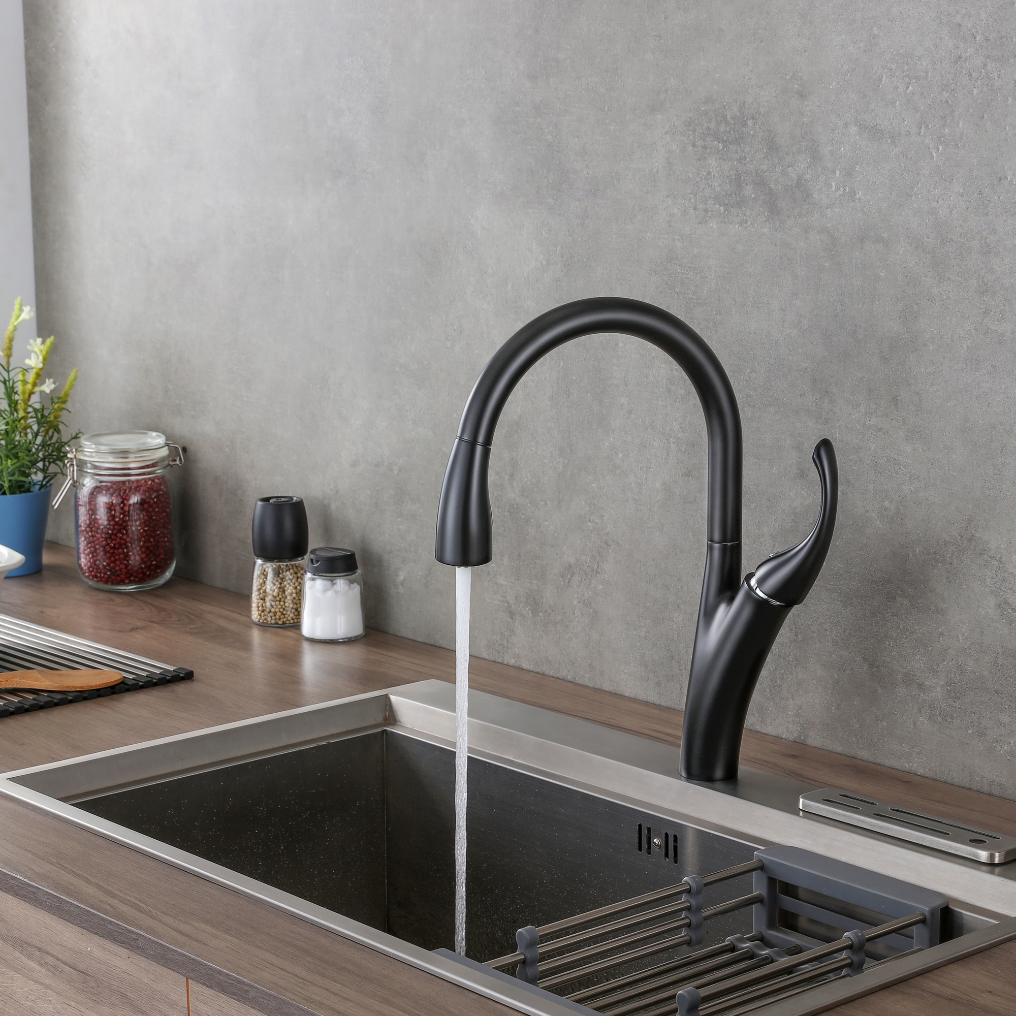 Single Handle High Arc Pull Down Kitchen Faucet, 2 Water Flow Modes Retractable Sprayer Head, 360° Swivel Curved Kitchen Tap
