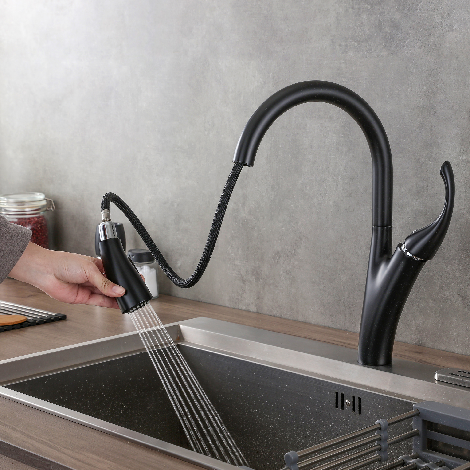 Single Handle High Arc Pull Down Kitchen Faucet, 2 Water Flow Modes Retractable Sprayer Head, 360° Swivel Curved Kitchen Tap