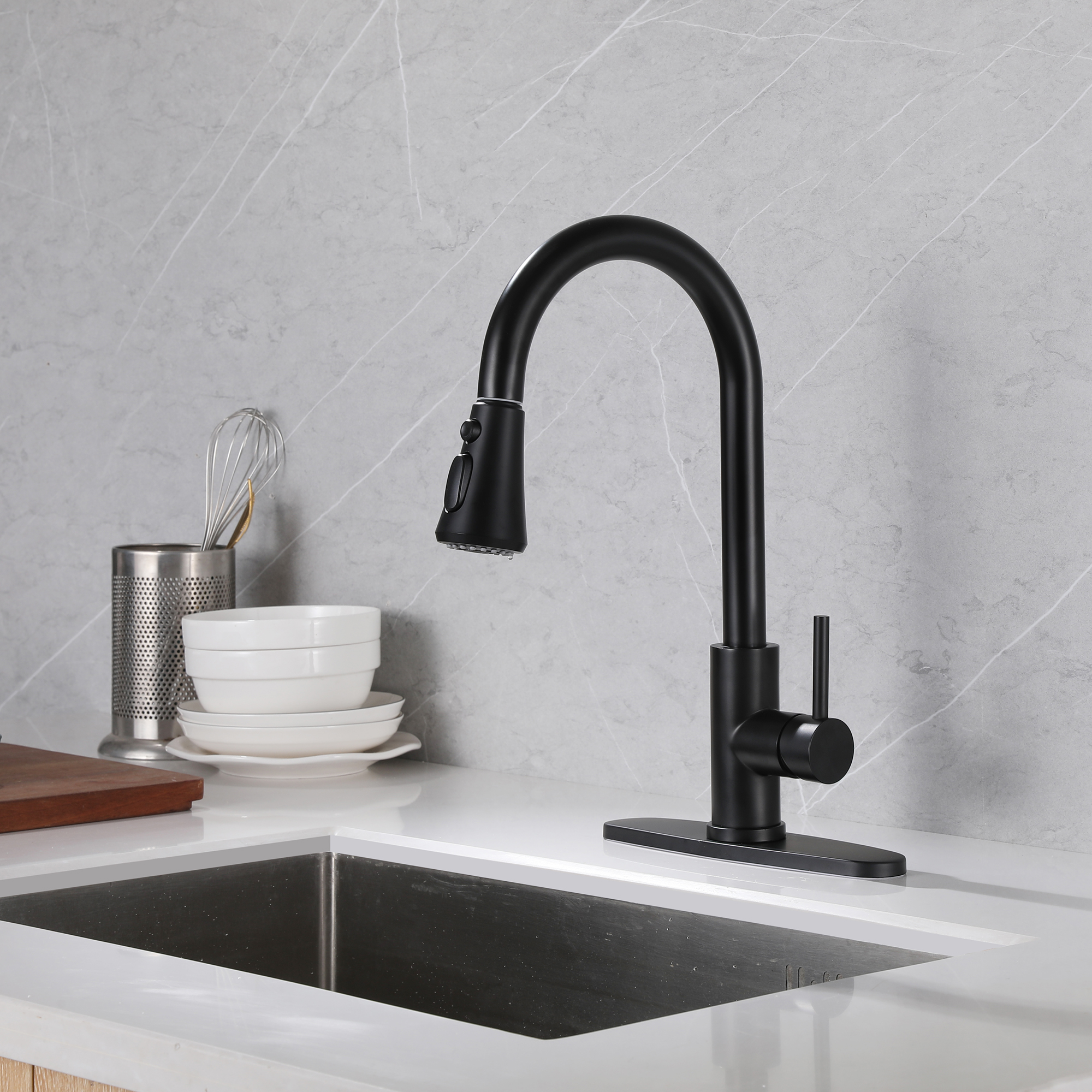 Commercial High Arc Pull Down Kitchen Sink Faucet Single Handle 3 Spray Setting Pull Out Sprayer Kitchen Tap with Escutcheon Plate