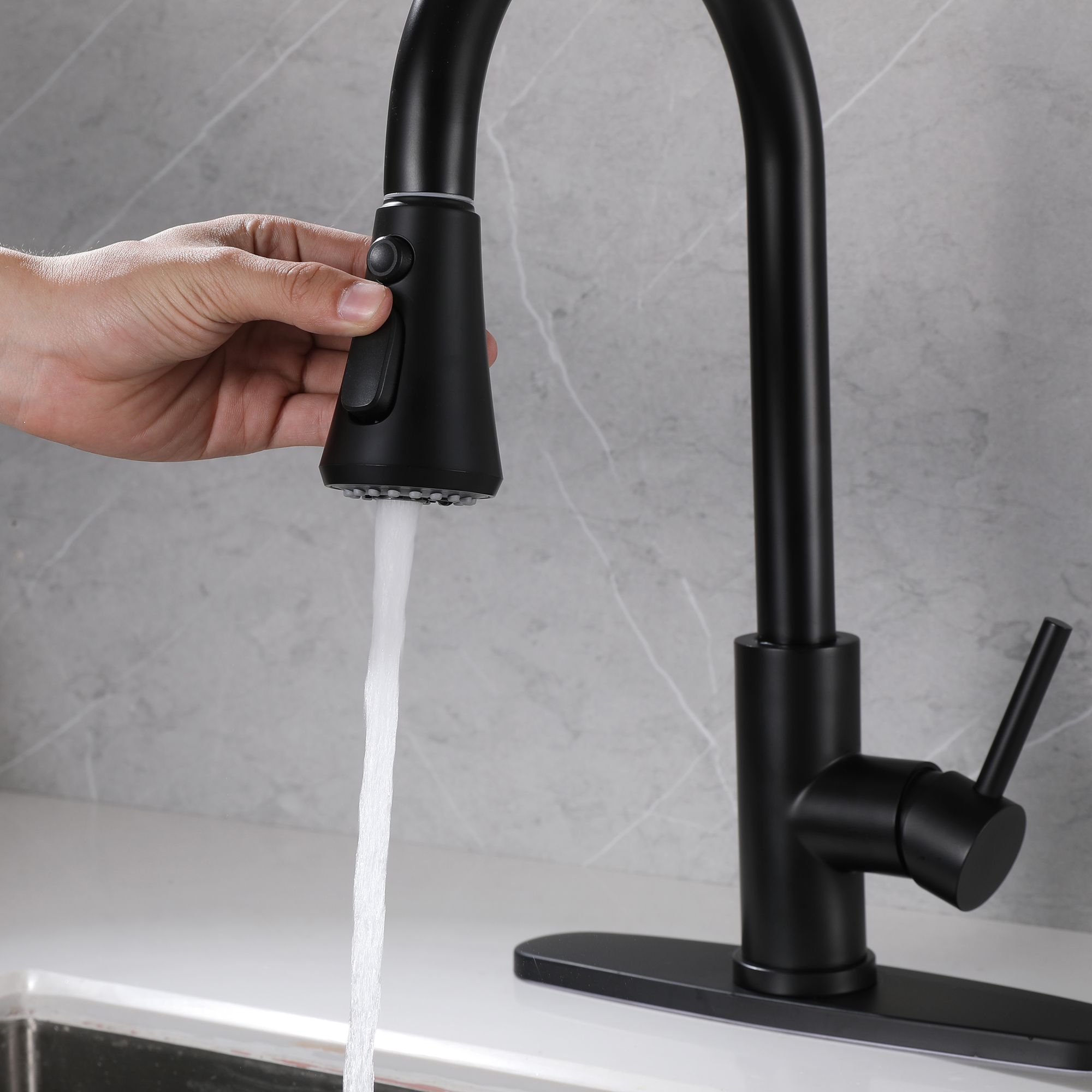Commercial High Arc Pull Down Kitchen Sink Faucet Single Handle 3 Spray Setting Pull Out Sprayer Kitchen Tap with Escutcheon Plate