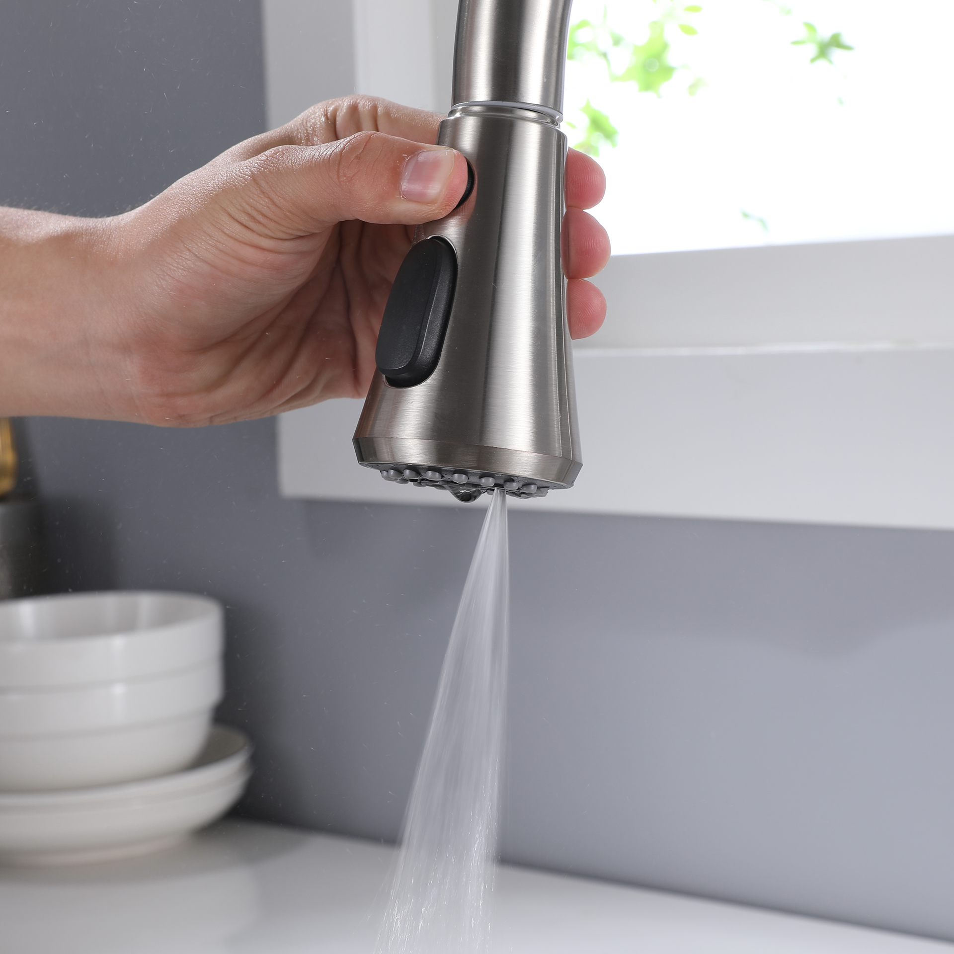 Commercial High Arc Pull Down Kitchen Sink Faucet Single Handle 3 Spray Setting Pull Out Sprayer Kitchen Tap with Escutcheon Plate