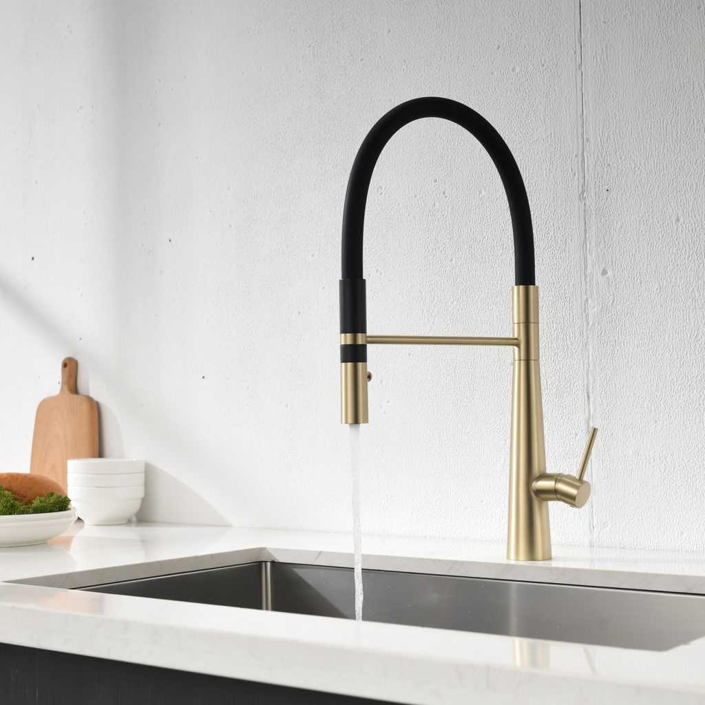 Contemporary Black and Gold High Arc Kitchen Faucet | 360 Degree Swivel Pullout Spray Kitchen Sink Faucet