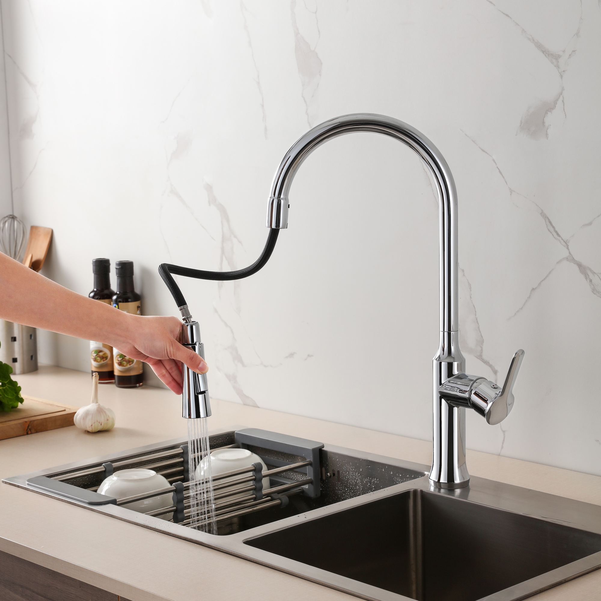 Modern Tall Gooseneck Pullout Kitchen Faucet For Home & Commercial Kitchen Wholesale
